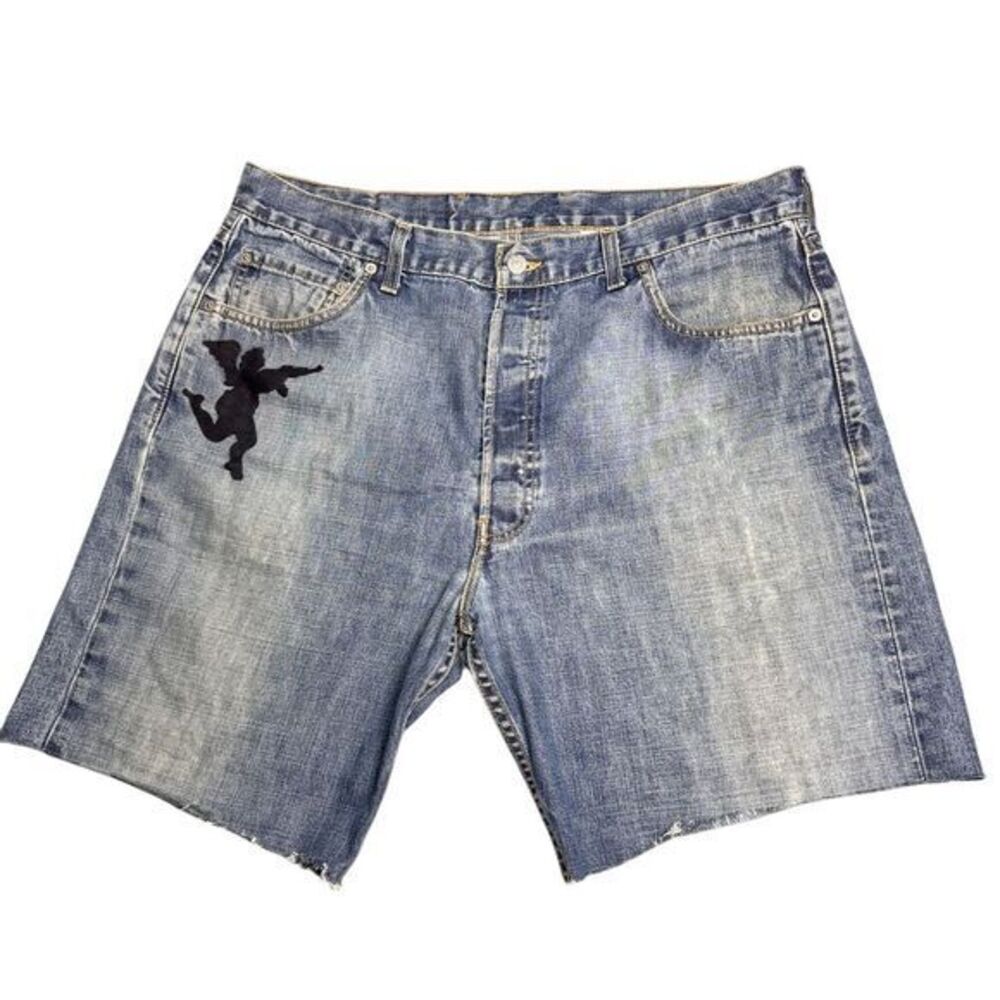VTG Levi's Cut Off Shorts Men 38 Custom Cherub Angel Denim Distressed Button Fly